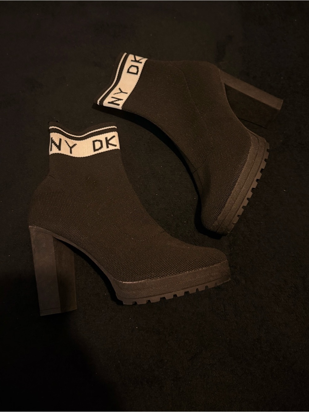 DKNY Black Knit Sock Platform Ankle Boots with Logo Cuff